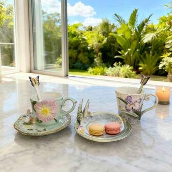 1 JUEGO Taza y platillo de té de cerámica con flores y animales pintados a mano en 3D, 1 taza de café (Capacidad: 200ml), 1 platillo redondo, 1 cuchara con mariposa y flor