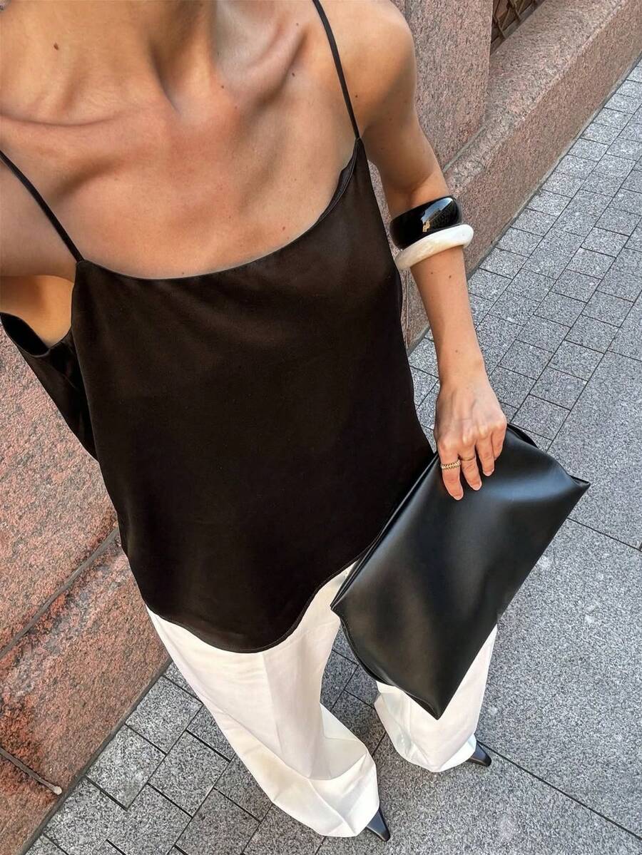 VIBEWAVE 女士宽松缎面吊带背心，2026 新款，优雅细肩带设计 - 黑色 - 查看 1