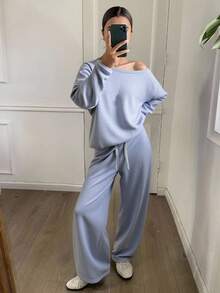 Livesso Women Oblique Shoulder Long Sleeve Sweatshirt & High Waist Drawstring Wide Leg Casual Pants Two Pieces Set, Early Autumn,Fall Women Clothes Lounge Sets For Women - Grey - View 5