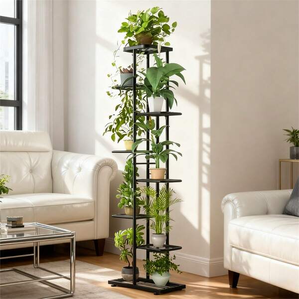 Modern Black Rolling Plant Stand With Staggered Shelves, Space-Saving 9-Pot Display Rack For Home & Office Decor