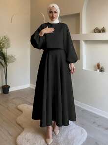 2025新款优雅A字连衣裙，纯色女式上衣和吊带连衣裙两件套，秋冬黑色春季款 - 黑色 - 查看 3