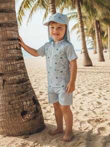 Trajes de baño Rash Guard para niños pequeños, camisetas de manga corta con estampado de dinosaurios, pantalones cortos, sombrero, conjuntos de baño de tres piezas - Azul - Ver 2