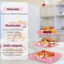5 Piezas Soportes para Pastelitos,Torre para Cupcakes de 3 Niveles y Bandeja para Galletas,Juego de Decoración para Mesas de Postres para Bodas,Fiestas de Té,Cumpleaños y Baby Showers - Rosa - Ver 6
