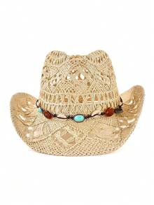 1顶男女通用牛仔帽，宝石装饰，镂空印花草帽，适合春夏旅行、海滩、防晒、休闲佩戴 - 西部牛仔禮帽 - 查看 15