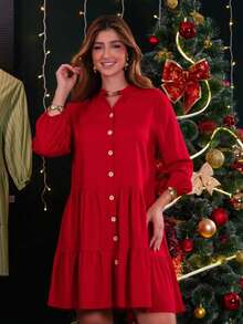 Women's Striped Midi Dress With Shirt Collar And Bishop Sleeves, Casual, With Buttons, Asymmetrical Hem, Summer And Beach. - 深紅色 - 查看 3