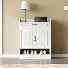 Scarpiera moderna con ripiani regolabili, maniglie nere e un cassetto; scarpiera a 2 ante, bianca, L75/P36/A95,5 cm (L*P*A) - Bianco - Visualizzare 2