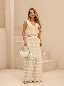 Women's Long Knit Party Dress With Lace, Lined, And Waist Cutout. Perfect For New Year's Eve, Christmas, In White, Red, And Olive Green. - Vàng bơ - Xem 8
