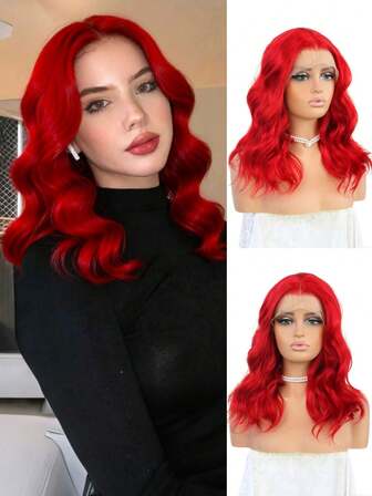 红色短款自然波浪蕾丝前假发，天然波浪合成蕾丝前假发，耐热纤维假发，13*4蕾丝前合成假发，预拔发际线，日常佩戴，14英寸