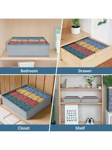 24格灰色布艺可折叠袜子、内衣、领带收纳盒，季节性假日家居卧室衣柜整理收纳盒，节省空间设计 - 彩色 - 查看 7