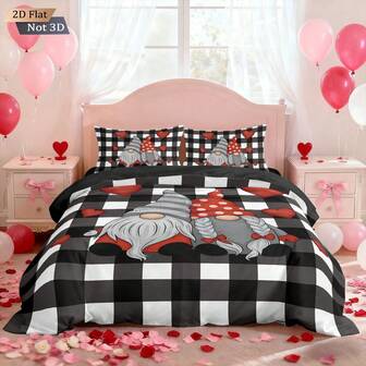 3pcs Bedding Set, Valentine's Day Black & White Plaid Heart Gnome Pattern, Suitable For Gifting To Couples (1 Duvet Cover + 2 Pillowcases, No Filler), Personalized Bedding, Soft, Warm, Skin-Friendly Duvet Cover, Various Sizes Including Extra Large, Essential For Couples