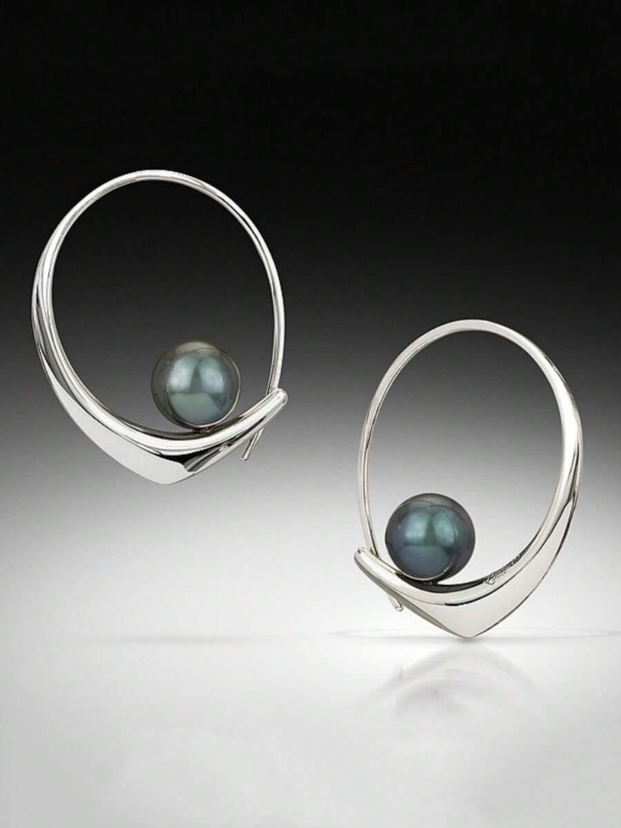 Brincos de Pérola Falsa Feitos à Mão em Cobre Vintage, Brincos Argola Simples e Brincos de Festa para Uso Diário - Prata - Visão 1