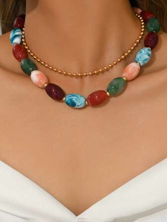 1件时尚优雅彩色树脂串珠项链，四季皆宜
