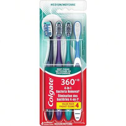 360 Adult Toothbrush Medium Pack Of 4 Experience Deep Clean 4-In-1 Bacteria Removal Multiheight Floss-Tip Bristle Design Cleans Between Teeth