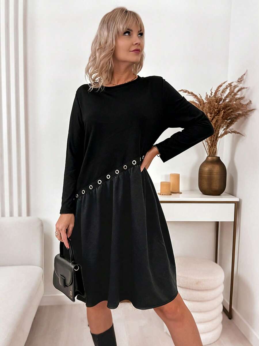 Black Long Sleeve Round Neck Loose Plus Size Elegant Patchwork Midi Dress, Casual Everyday Wear For Women, Spring/Autumn