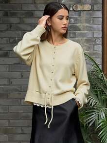Livesso Cárdigan de mujer con patchwork de encaje francés, abrigo casual de ajuste holgado y grueso, para otoño/invierno - Beis - Ver 4