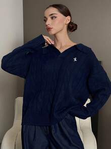 DAZY V-Neck Cable Knit Sweater For Women, Embroidered Collar Design, Loose Fit, Autumn/Winter - Navy Blue - View 6