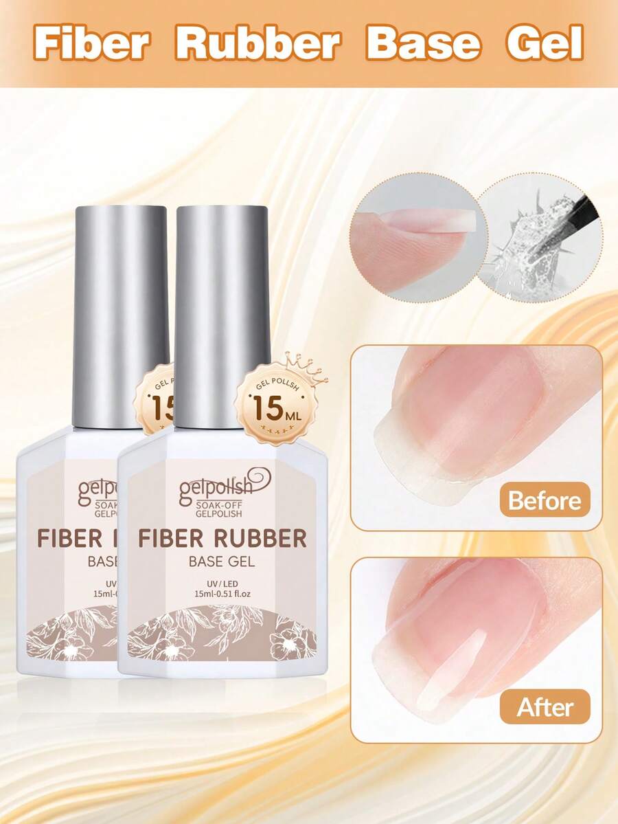 Bază de cauciuc din fibră de 15 ml, strat de bază transparent din cauciuc, pentru întărirea/construirea/întărirea/fortificarea unghiilor, protecție de lungă durată, detașabilă, potrivită pentru manichiură cu gel UV/LED, ideală pentru unghii fragile, îngrijire DIY a unghiilor acasă