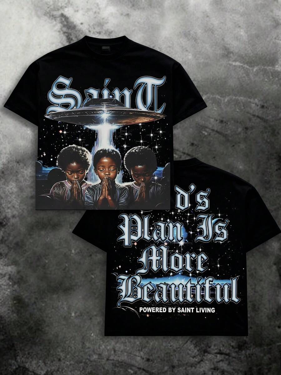 (180 Cotton T-Shirt)  God's Plan   Pattern Print Men's Summer Round Neck Short Sleeved Casual Cotton Print - màu đen - Xem 1