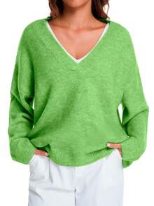 Plus Size Women's Essential V-Neck Long Sleeve Sweater - Must-Have Autumn/Winter Wardrobe Item - Green - View 1