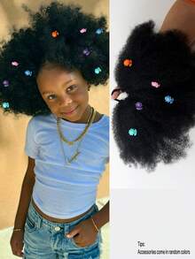 1 búi tóc Afro Puff có kẹp hoa cho trẻ em, búi tóc Afro Puff mềm mại, xoăn tít, kiểu tóc búi lớn cho bé gái, có dây chun. - màu đen - Xem 8