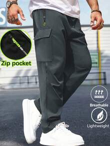 Men's Spring & Autumn Hiking Pants With Zipper Pockets & Drawstring, Straight Leg Casual Running Trousers With Striking Neon Highlight - Grey - View 3