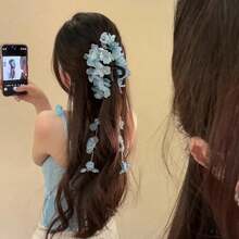 1pc Chinese Style Floral Ribbon Pearl Hair Clip, Fairy-Like Romantic Hair Accessory With Secure Grip & Exquisite Design, Perfect For Wedding, Party, Dating & Festival Looks, Durable & Eye-Catching Hair Pin, Ideal Gift For Girlfriend, Mom & Fashion-Loving Women - 藍色 - 查看 1