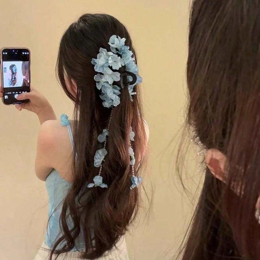 1pc Chinese Style Floral Ribbon Pearl Hair Clip, Fairy-Like Romantic Hair Accessory With Secure Grip & Exquisite Design, Perfect For Wedding, Party, Dating & Festival Looks, Durable & Eye-Catching Hair Pin, Ideal Gift For Girlfriend, Mom & Fashion-Loving Women - 藍色 - 查看 1