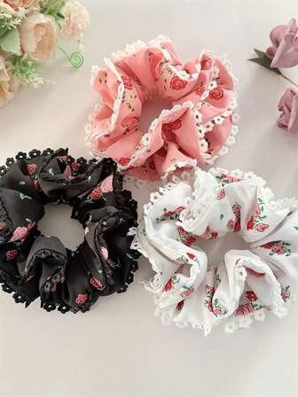 1pc Women's Sweet & Elegant Fabric Rose & Floral Embroidered Double-Layer Hair Scrunchie, Ponytail Holder Hair Accessory, Suitable For Dresses, Daily Outfits, Bohemian & Elegant Style ,Hair Ties ,Scrunchy Hair Ties