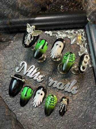 10pcs Short Almond Nail Set,Black&Green Tie Dye,3D Three Dimensional Angel&Chain&Bone Accessories,Hand Drawn Spider Web& White Ghost&Geometric Patterns,Y2K Style Nail Art Set,Suitable For Women To Wear Halloween Daily Parties(With: A Piece Of JellyGlue And A Friction Strip) Nail SuppliesNails