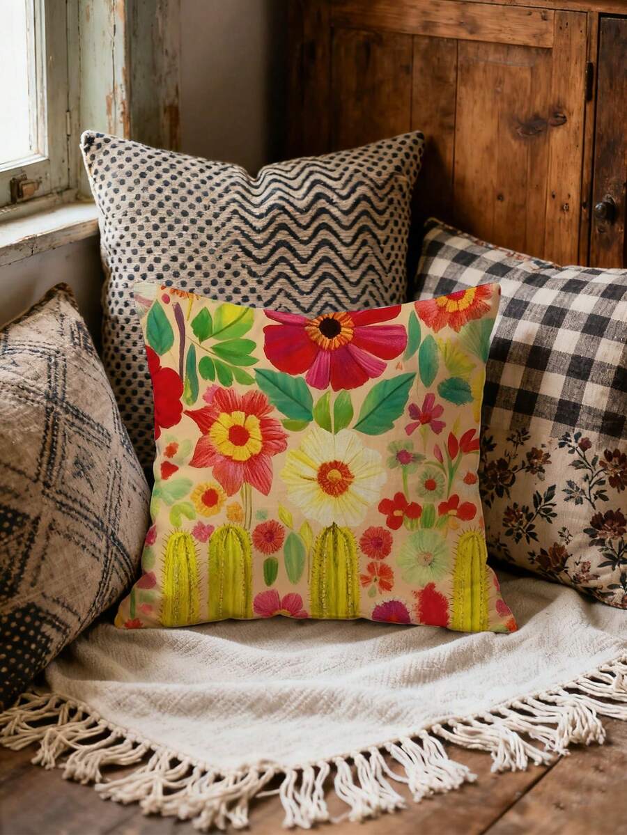 1pc Floral Print Pillow Case/Cushion Cover, 17.7*17.7 Inches (45*45cm), Peach Velvet Fabric, Digital Printing Single-Sided, Suitable For Sofa, Living Room, Bedroom, Car, Office, Hotel, Decoration, Perfect Gift For Family And Friends, All Seasons - Multicolor - View 1