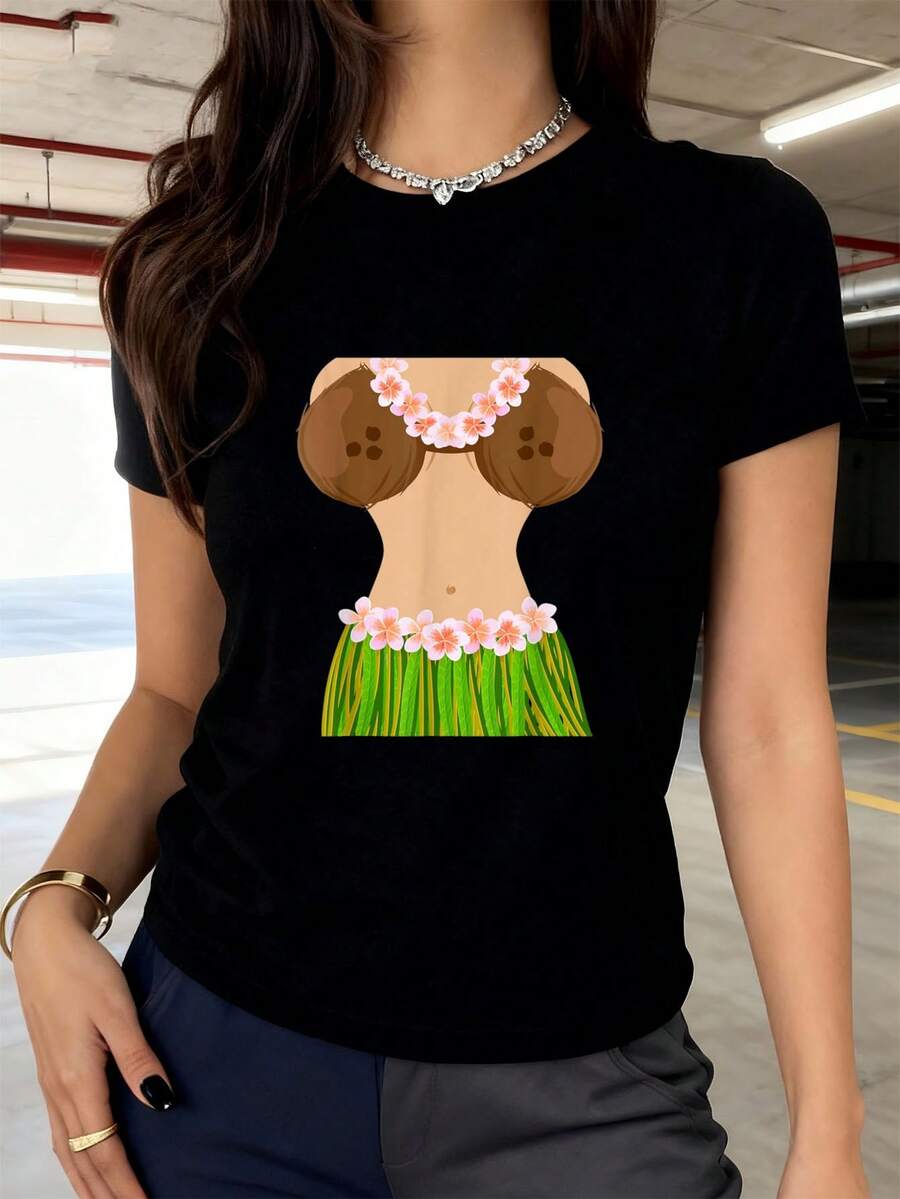 Hawaiianischer Kokosnussschalen-BH Lustiges Halloween-Party-T-Shirt Damen T-Shirt Grafik-T-Shirts Crop Tops Outfits Tops T-Shirt