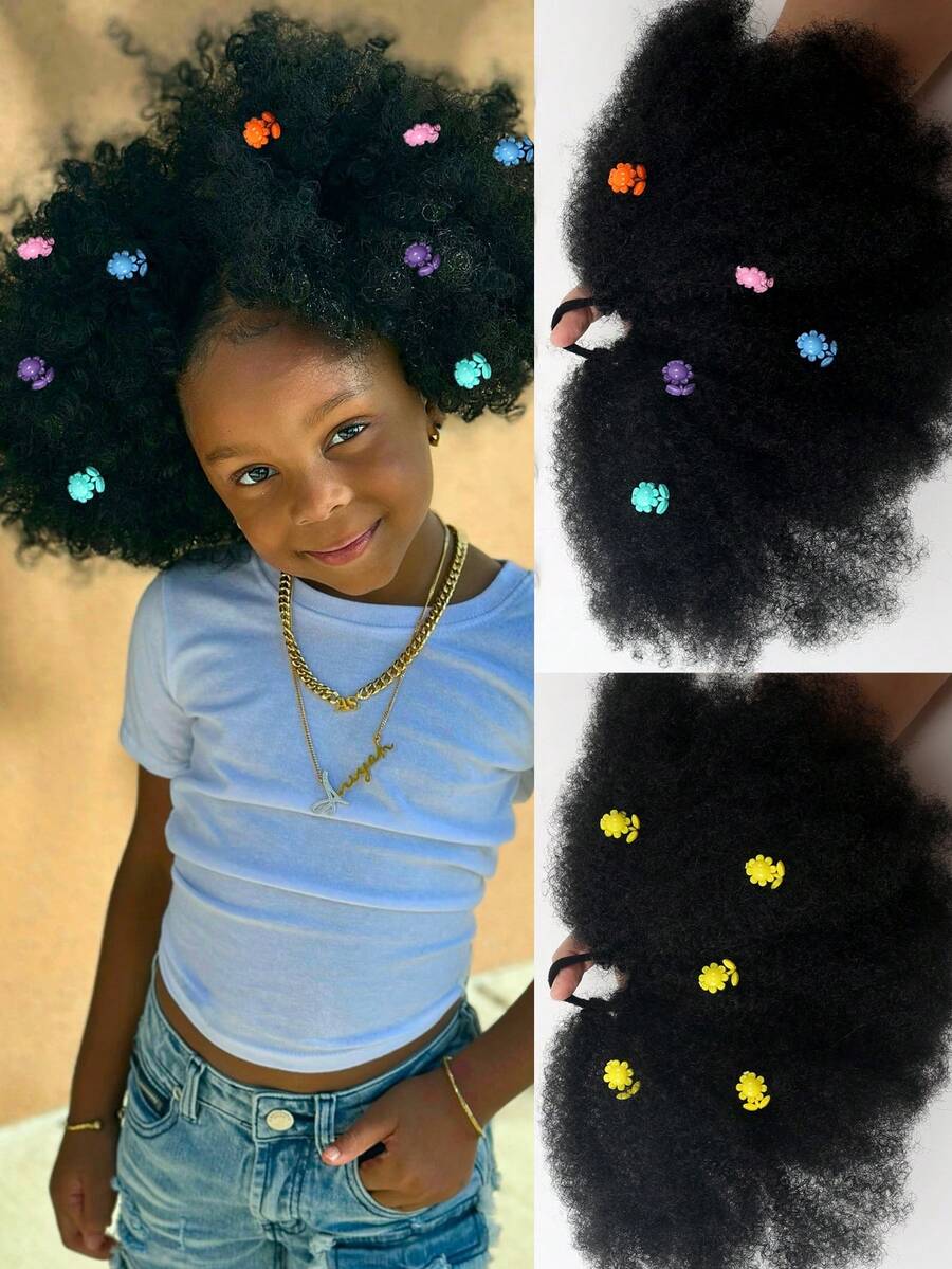 1 búi tóc Afro Puff có kẹp hoa cho trẻ em, búi tóc Afro Puff mềm mại, xoăn tít, kiểu tóc búi lớn cho bé gái, có dây chun.