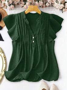 Loose Pleated V-Neck Short Sleeve Pullover Blouse Women, Solid Color Front Button Casual Top For Holiday & Daily Wear - Green - View 2