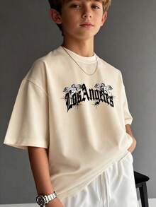 Tween Boys Casual Printed Black Crew Neck Short Sleeve T-Shirt, Summer Top - Apricot - View 8