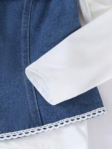 3pcs/Set Tween GirlsOutdoor Casual Outfit - White Long Sleeve Round Neck T-Shirt, Simple Button Denim Vest Jacket, And Wide Leg Long Jeans - Dark Wash - View 6