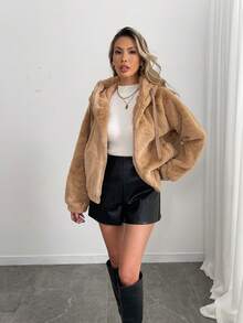 Women's Casual Warm Lined Hooded Faux Fur Coat With Zipper Long Regular Sleeves Slight Stretch - 駝色 - 查看 4