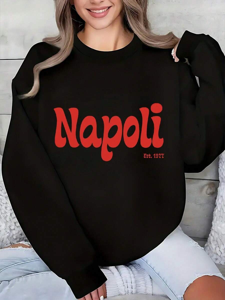 Women's Oversized White Italian-Themed Crew Neck Sweatshirt Print With Vintage 1977 Logo, Casual Winter Pullover For S, Workouts & Fans, Machine Washable Sweater (Standard Size B7), 2D Flat - 黑色 - 查看 1