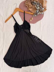 Sexy Lace Nightgown With Backless Detail, Ruffled Train, Slit, No Padding, Sleep Dress, Lingerie, Nightwear Line - 黑色 - 查看 1