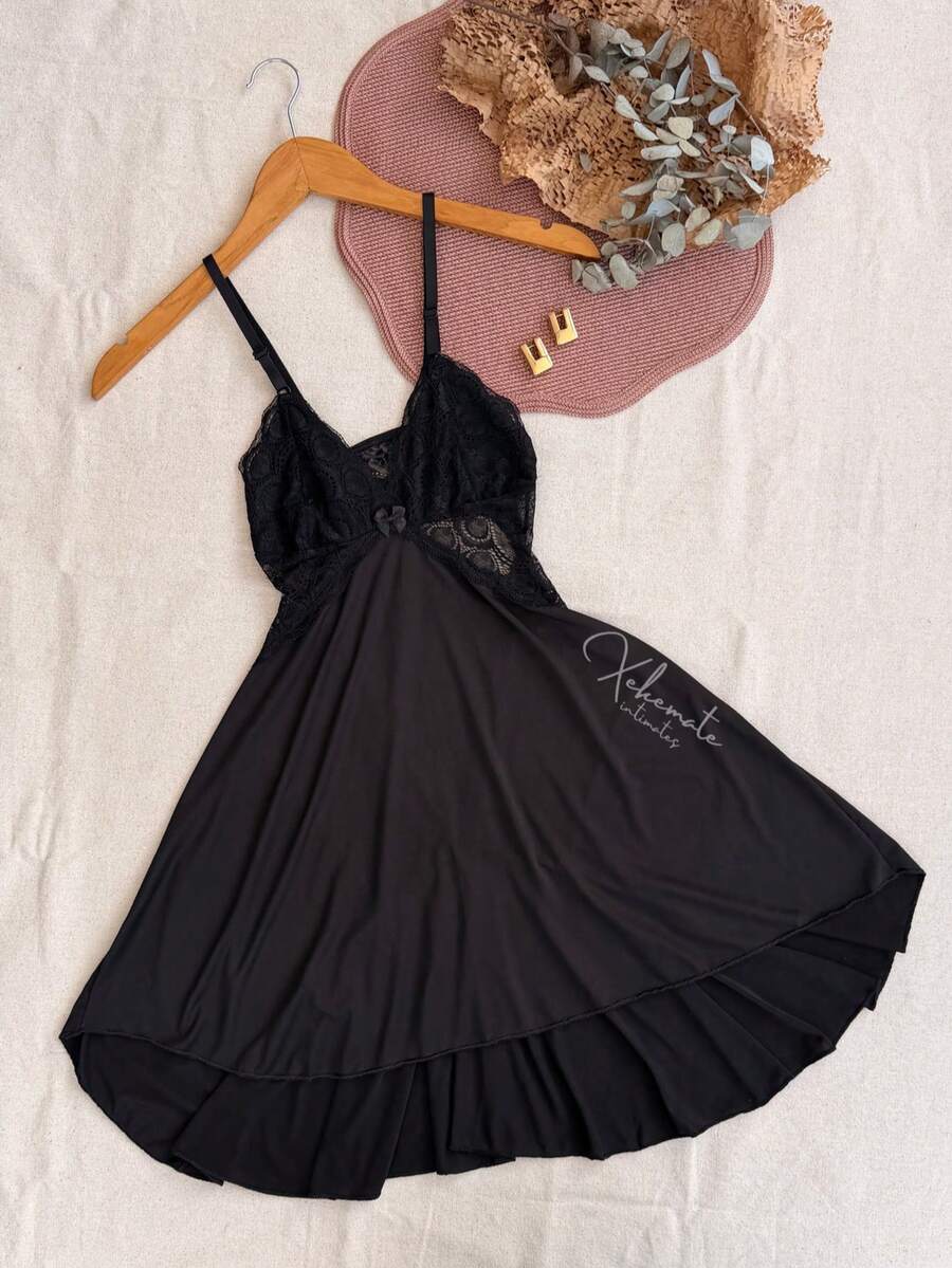 Sexy Lace Nightgown With Backless Detail, Ruffled Train, Slit, No Padding, Sleep Dress, Lingerie, Nightwear Line - 黑色 - 查看 1