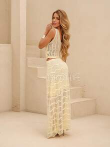 Women's Long Knit Party Dress With Lace, Lined, And Waist Cutout. Perfect For New Year's Eve, Christmas, In White, Red, And Olive Green. - Vàng bơ - Xem 3