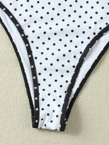 黑白波点蕾丝边连体泳衣，复古性感度假泳衣，2026春夏款