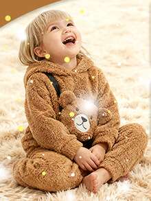 Young Boy 2pcs Plush Warm Solid Color Hoodie Sweatshirt And Pants Casual Outfit, Winter - Coffee Brown - View 10