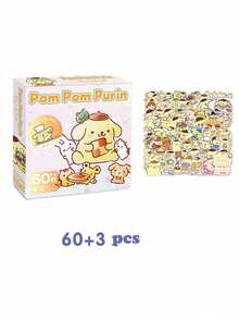 Sanrio 63张三丽鸥Hello Kitty动画贴纸可爱涂鸦玩具布丁狗PVC防水贴纸，适用于Pochacco DIY滑板、笔记本、自行车、行李箱等趣味贴纸，My Melody贴纸礼盒套装