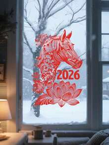2026 Year Of Horse Chinese New YearWindow Sticker, Spring Festival Decals, Red Lunar Door Decorations, Spring Festival Wall Decor, Happiness Wall Sign, For Office, Home Holiday, Party Decoration, Home Decorations - Multicolor - View 5