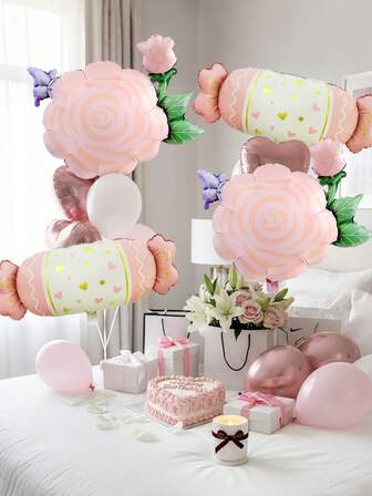 4 st/set romantiska ballonger i rosa rosgodisstil, inkluderar folieballonger med rosblommor och hjärtformade godisar, lämpliga för bröllopsfest, alla hjärtans dag-dekor, kärlekstemafest, möhippa, bröllopslokaldekor, frierifest, bröllopsmottagning, bakgrundsdekor, bruddusch, födelsedagsfest, jubileumsfirande