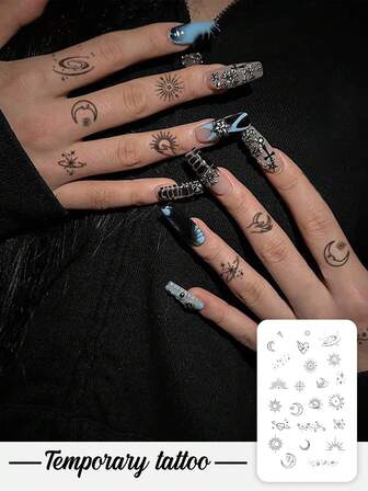 1 Stück Valentinstag Temporäre Tattoo Aufkleber, Y2K Stil Sterne, Sterne, Mond, Sonne und Wellen Mini Muster, wasserfest und schweißfest, waschbar, nicht reflektierend, simuliertes Tattoo für Arm und Schulter, geeignet für Menschen, hält 3-5 Tage