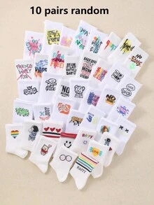 10 Pairs Random Children Socks, Including Graffiti Socks & Letter Socks, Suitable For Daily Wear And Streetwear, For Boys And Girls