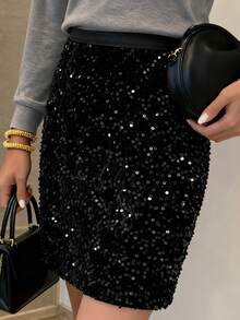 Livesso 女士纯色亮片装饰时尚迷你裙舞会礼服，秋季新年女装嘉年华 - 黑色 - 查看 6