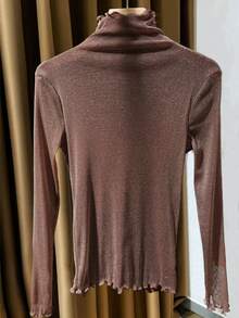 性感透视网纱长袖蕾丝边衬衫内搭上衣，女士休闲春季款 - 咖啡棕 - 查看 2