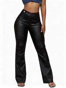 Blazique Quần ống loe lưng cao co giãn đường may nút bấm bằng da PU - màu đen - Xem 1